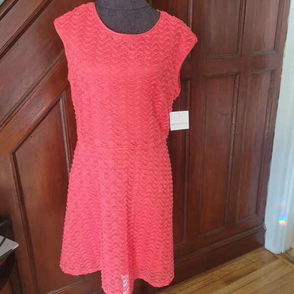 Liz Claiborne Coral Lace Cap Sleeve Dress Size 12 Polyester Blend Scoop Neck Fit - Picture 1 of 7